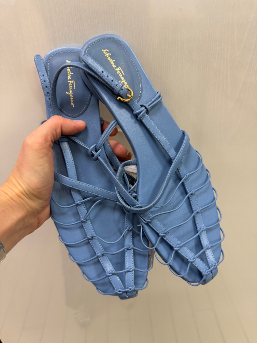 Salvatore Ferragamo sky blue strappy  cage summer leather sandals